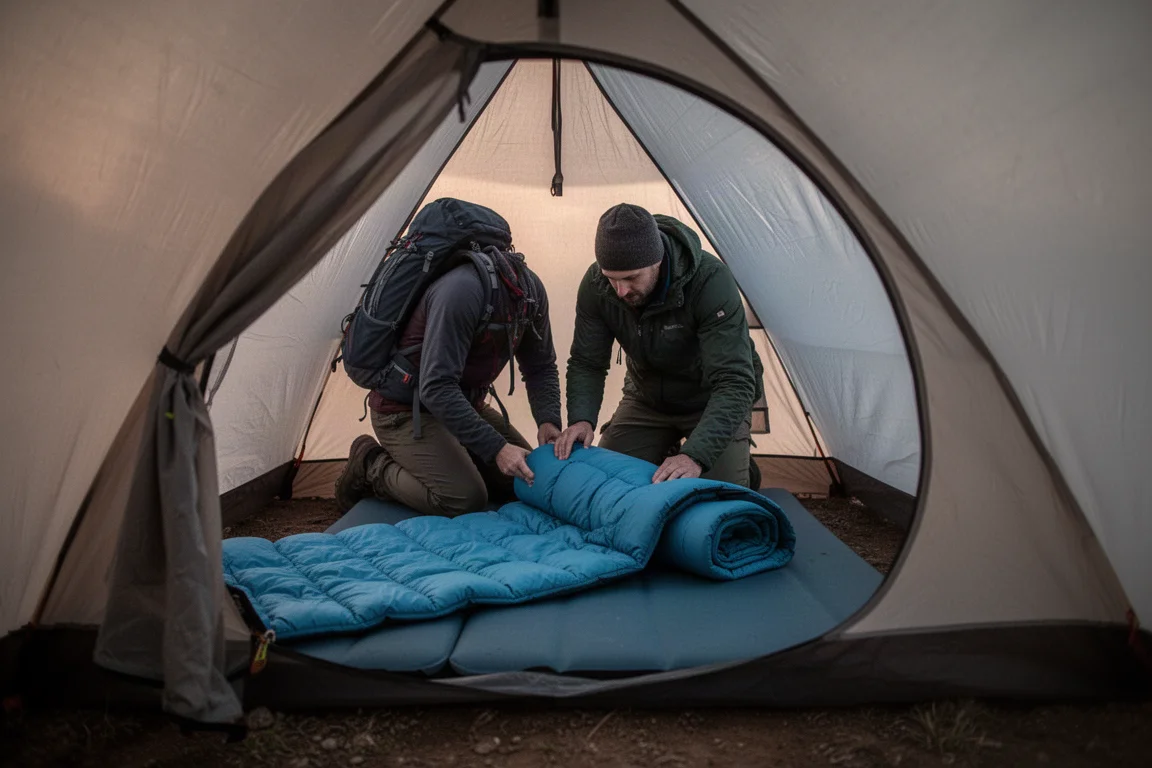 Vandrare som lägger ut sovquilt och liggunderlag i ett uppslaget tält i gryningen