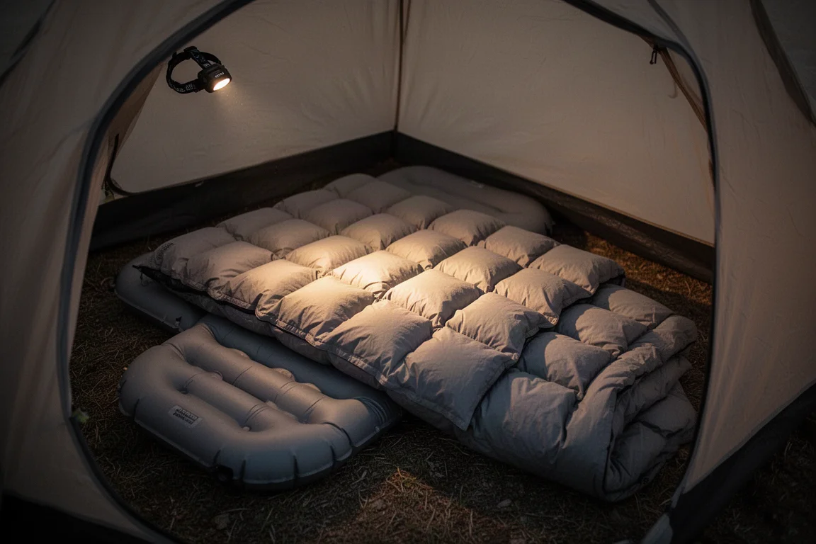 Uppblåst liggunderlag och quilt uppställda på ett tältgolv i skymningen