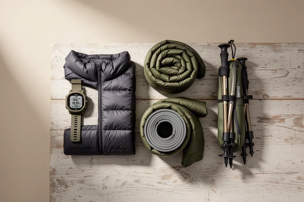 Flat-lay of backpacking gear including a GPS watch, down jacket, quilt, sleeping pad, and tent