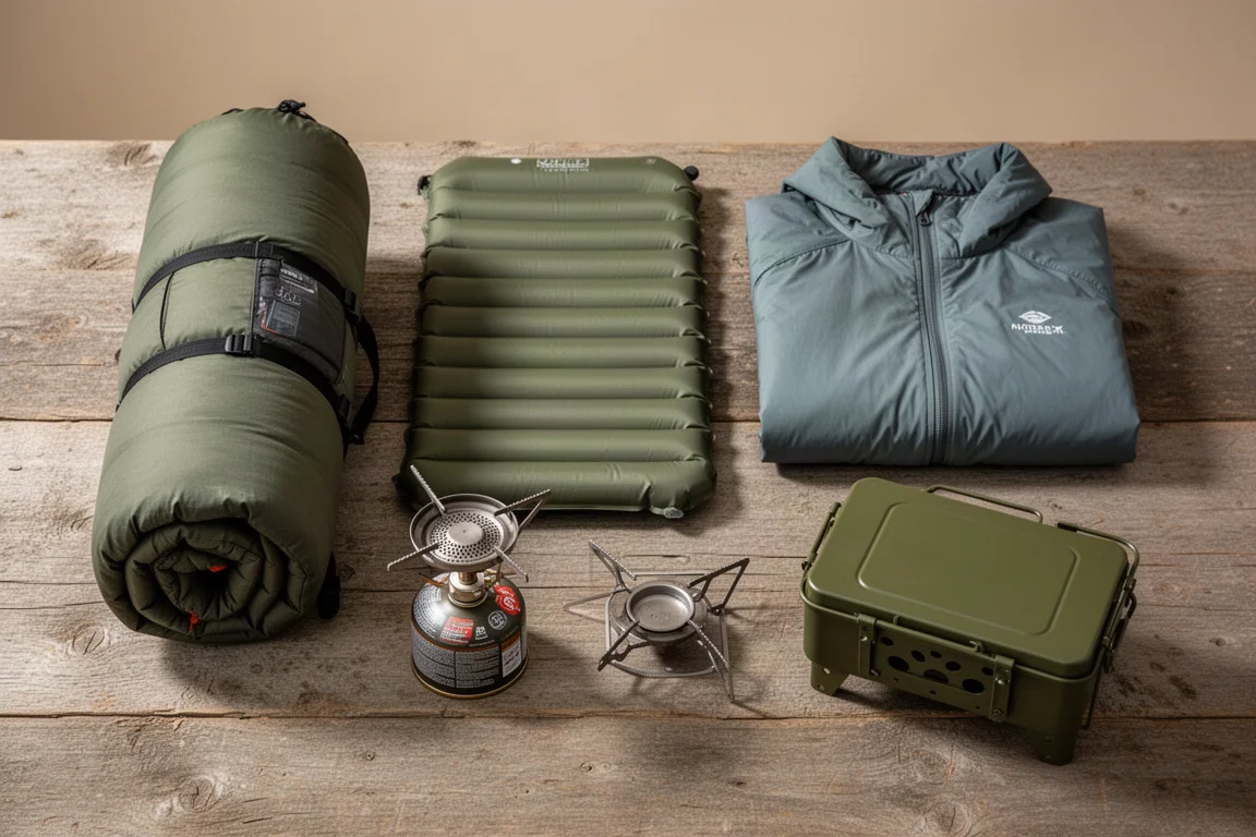 Disposizione dall'alto dell'attrezzatura da backpacking su una superficie di legno usurato