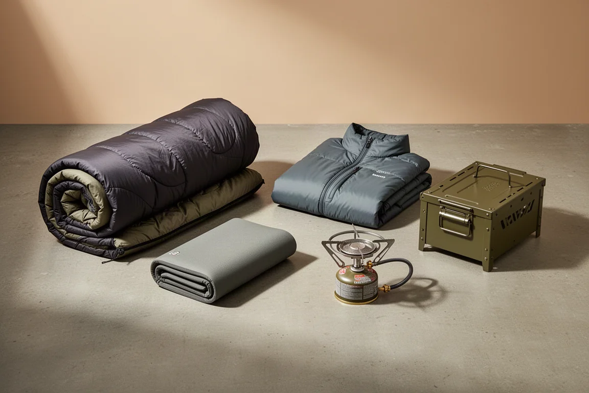 Five camping gear items arranged on a matte concrete surface