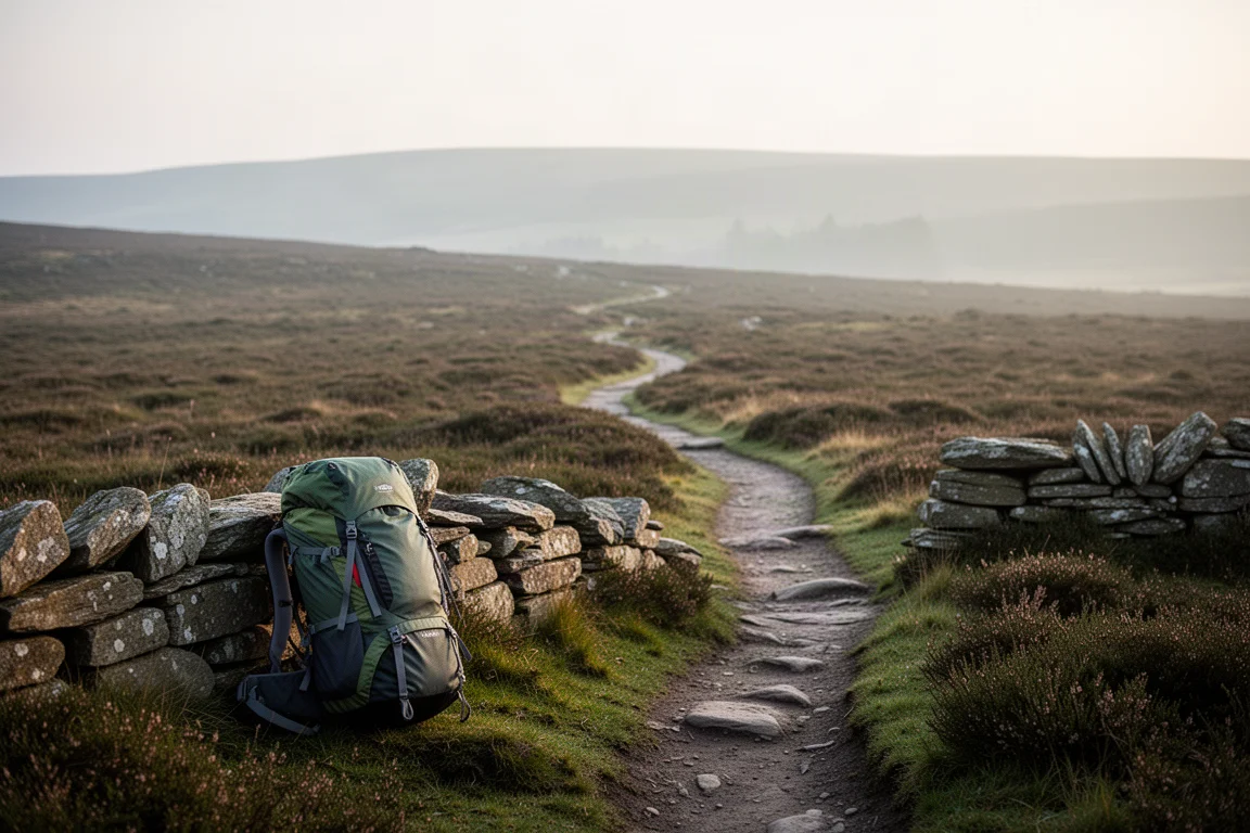 Upland footpath across moorland with a loaded backpack resting against a dry stone wall
