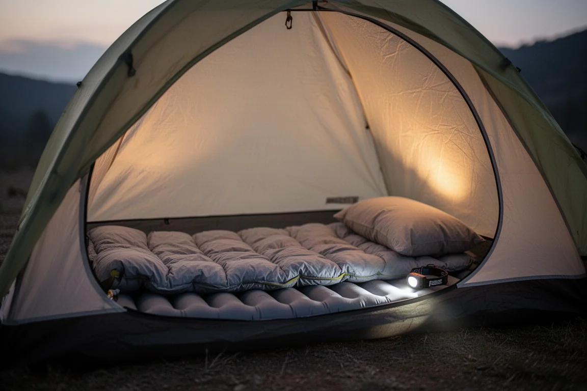 Interior of a small trekking tent at dusk with an inflated sleeping pad, quilt, and pillow