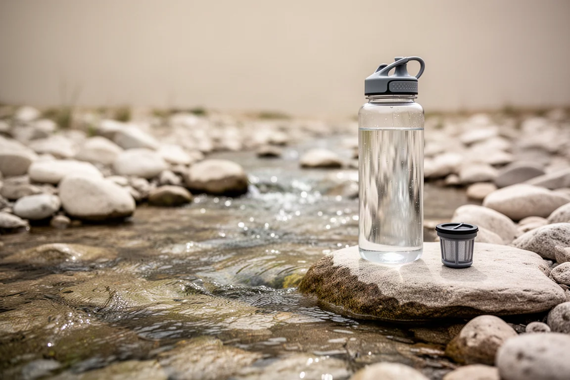 Clear upland stream over pale stones with a water bottle and filter on a flat rock