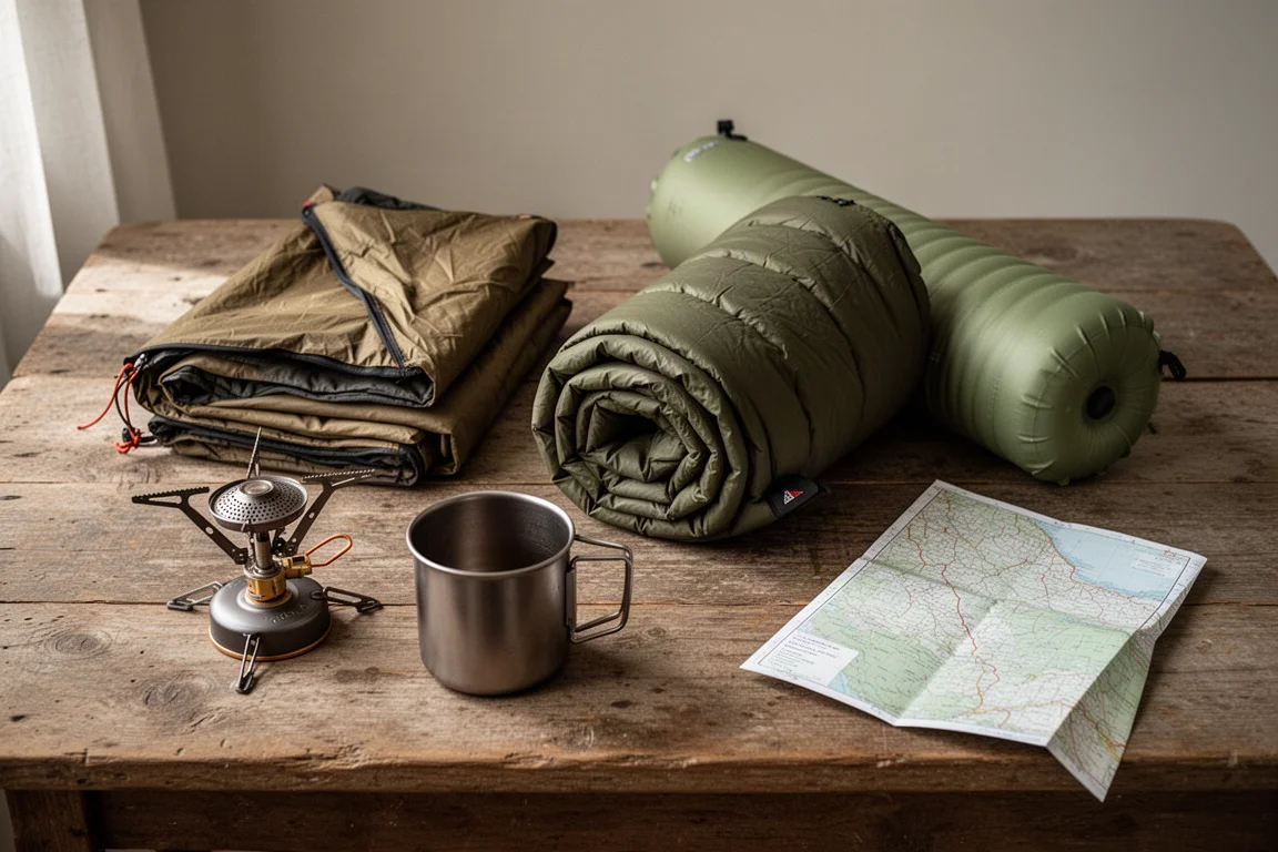 Overhead flat lay of backpacking gear on a weathered wooden table