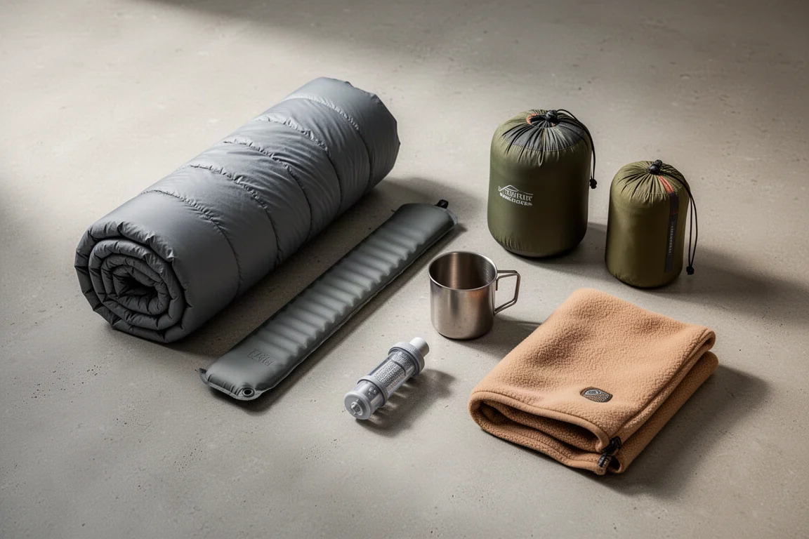 Lightweight backpacking gear arranged on a matte concrete surface