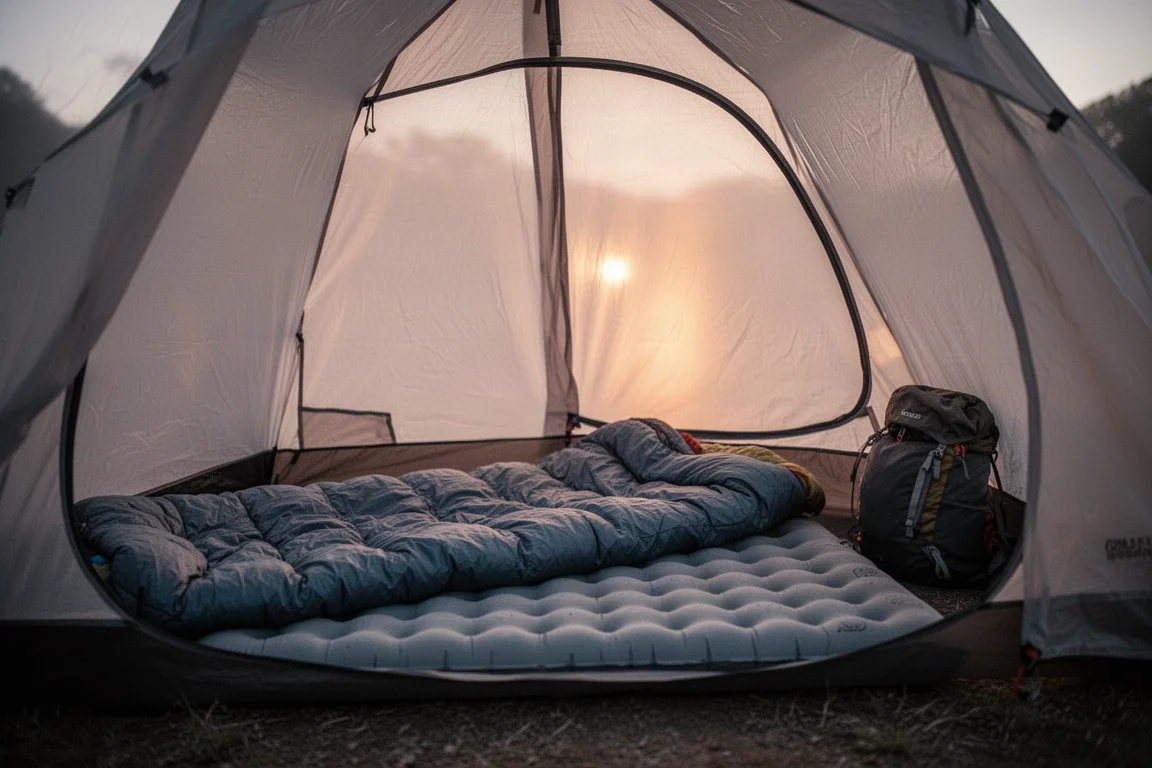 Dekbed gedeeltelijk uitgerold op een opgeblazen slaapmat in een tent bij schemering