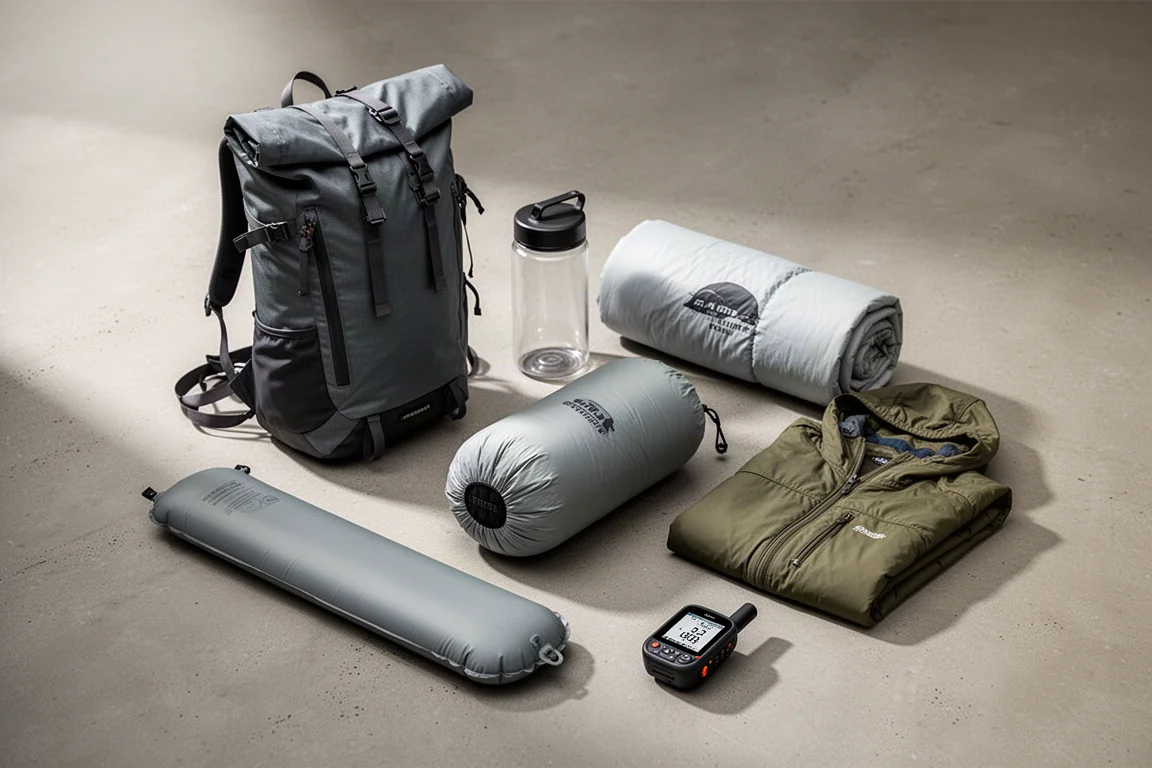 Packed ultralight backpack with quilt, bear canister, stove, GPS watch, and hiking shoes on concrete