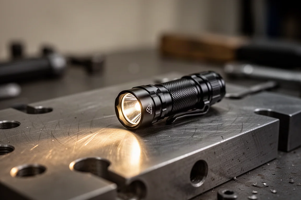 Compacte tactische zaklamp werpt een fel licht op een werkbank in een werkplaats