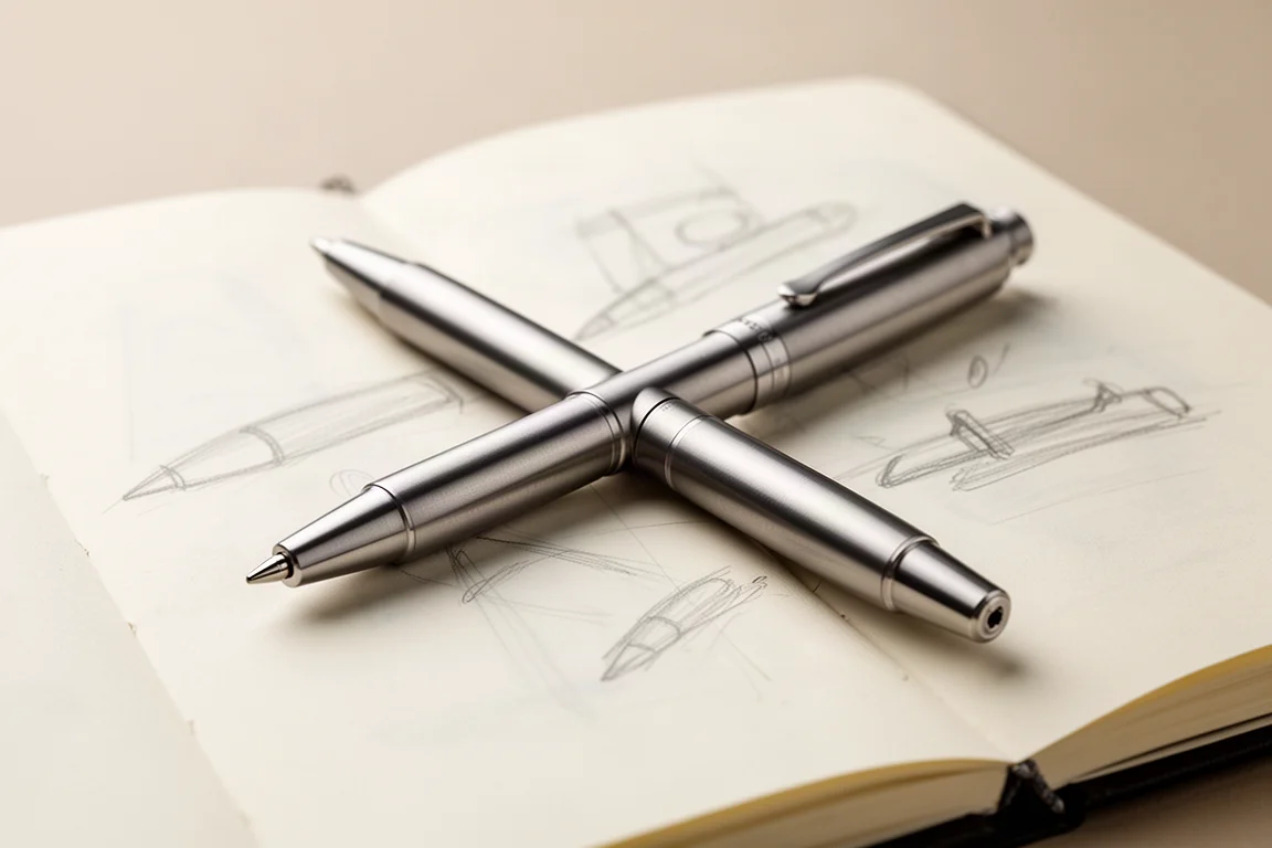 Pen van titanium met bolt action-mechanisme ligt klaar op een pagina van een notitieboek