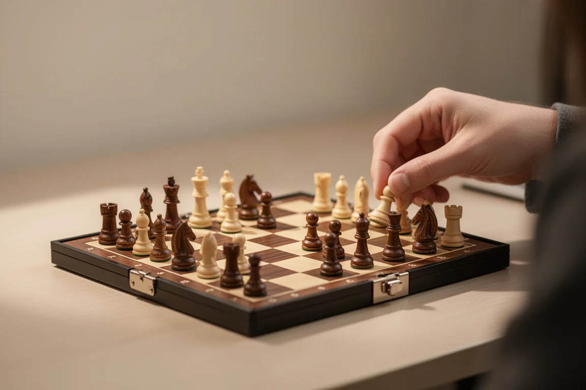 Mini-schaakset met magneetsluiting opgeklapt op een bureau tussen twee spelers