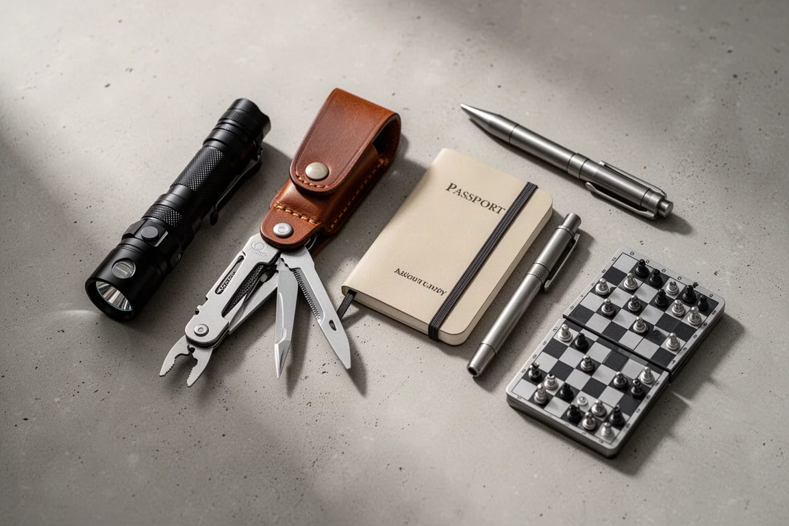 Flat-lay of everyday carry items including flashlight, multi-tool, notebook, pen, and mini chess set
