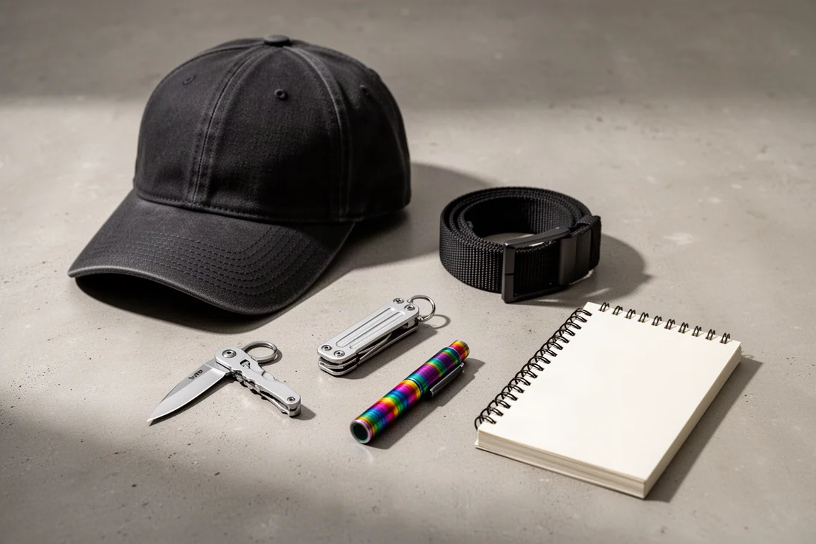 Rozłożone na betonie: czapka, mały multitool, pasek, kieszonkowe pióro i notes w spiralę