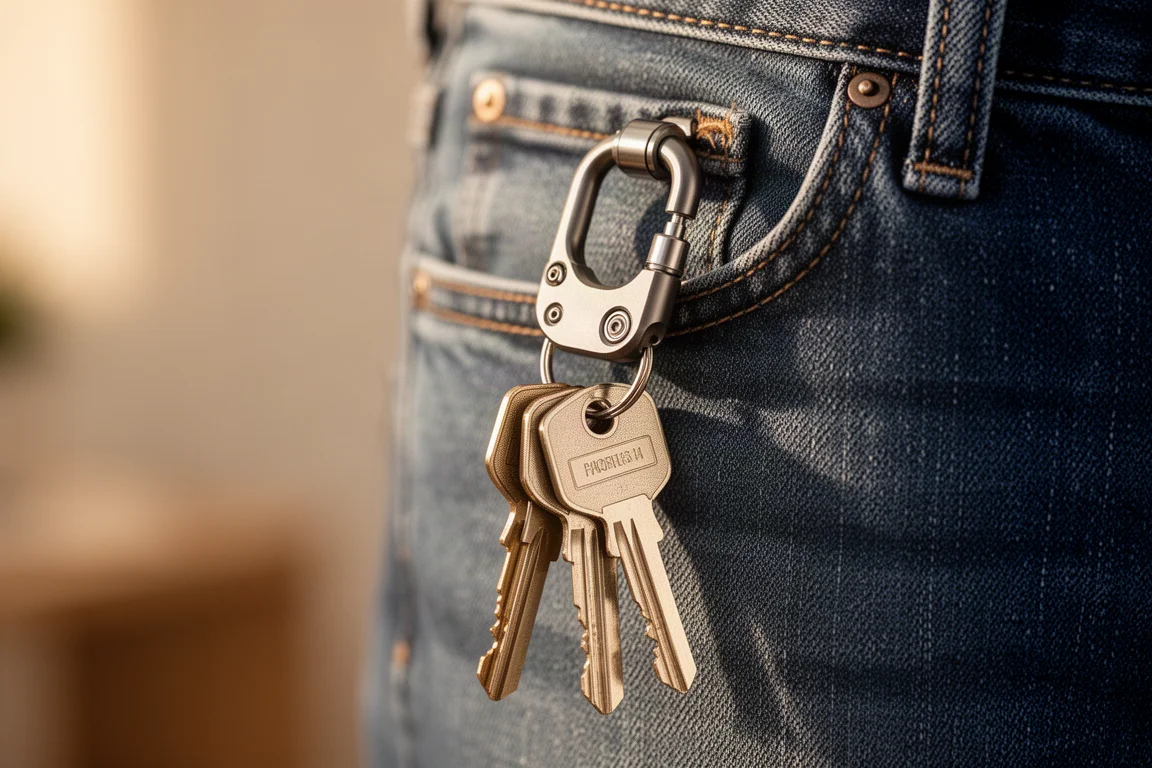 Keys attached to a compact metal key shackle hanging from a belt loop