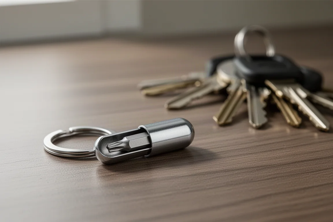 Small keychain bit driver with a Torx bit resting on a desk beside keys