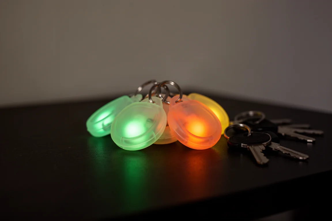 Translucent glow fobs glowing softly in a darkened room