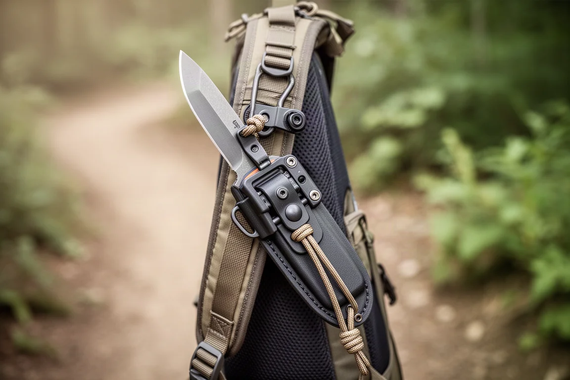 Small fixed blade knife sheathed on a backpack strap with a quick-release mount