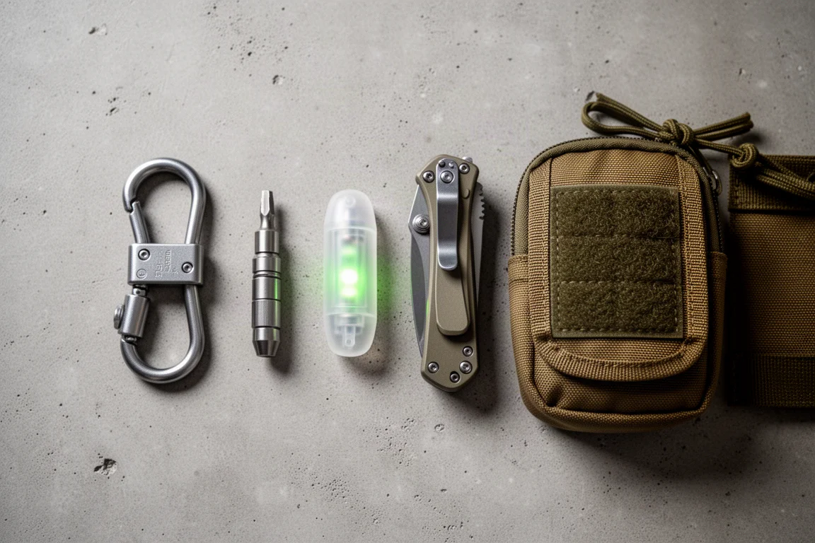 Flat-lay of five everyday carry accessories on a concrete surface