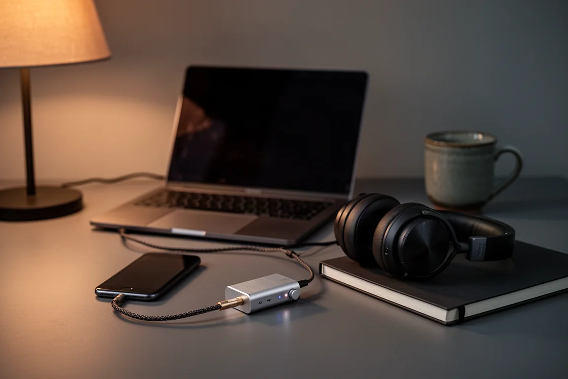 Bureau en soirée avec ordinateur portable, téléphone, DAC dongle et casque autour de l'oreille sous une lampe chaude