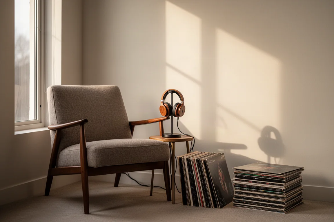 Coin d'écoute avec fauteuil, casque à coques en bois sur un support et vinyles dans la lumière de l'après-midi