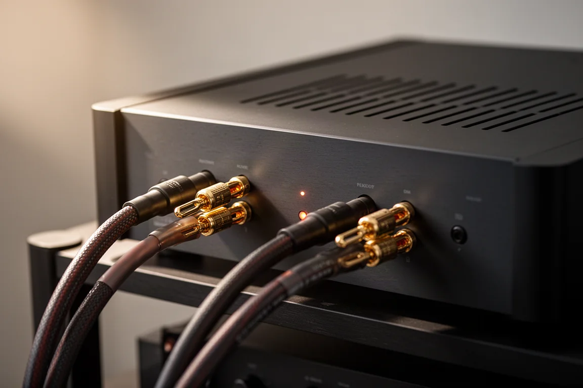 Gros plan sur la face arrière d'un amplificateur avec câbles d'enceinte à fiches banane dans un rack hi-fi