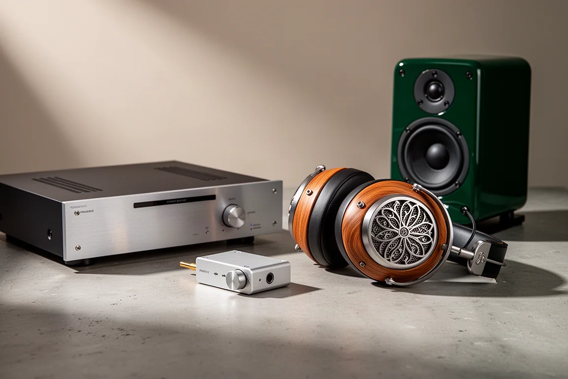 Hi-fi components on concrete: amplifier, dongle DAC, wooden headphones and a green speaker