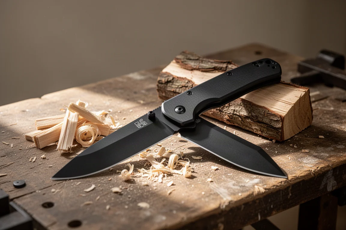 Large folding knife resting on a workbench beside split kindling wood