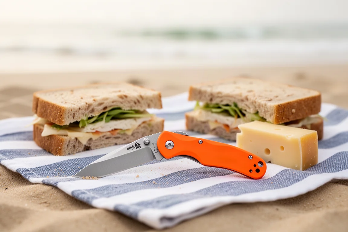 Slip joint folding knife on a beach towel next to a cut sandwich