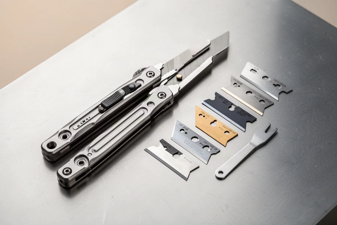 Modular utility knife with several interchangeable blades laid out nearby