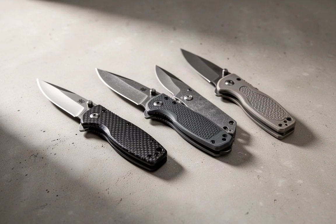 Four premium folding pocket knives arranged on a concrete surface