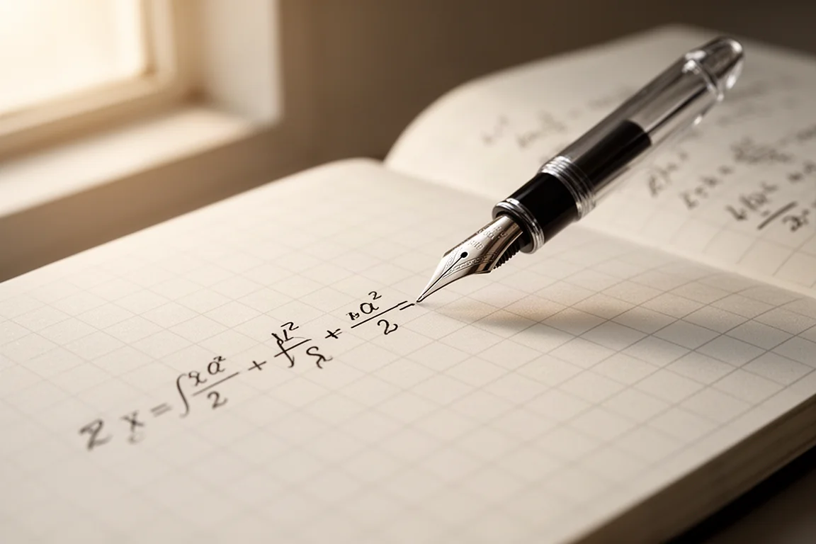 Una pluma estilográfica escribiendo fórmulas matemáticas a mano en un cuaderno