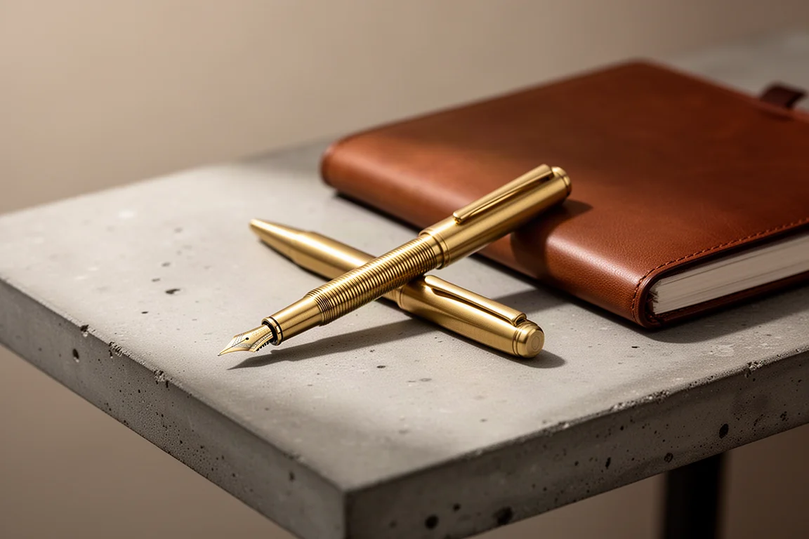 Pluma de bolsillo compacta de latón sobre un escritorio junto a un cuaderno