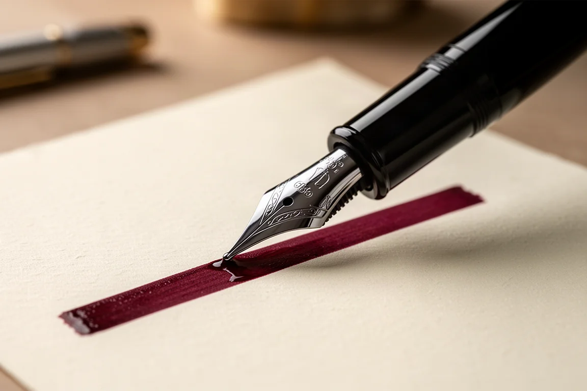 Caneta-tinteiro escrevendo uma linha larga e úmida de tinta vinho em papel creme