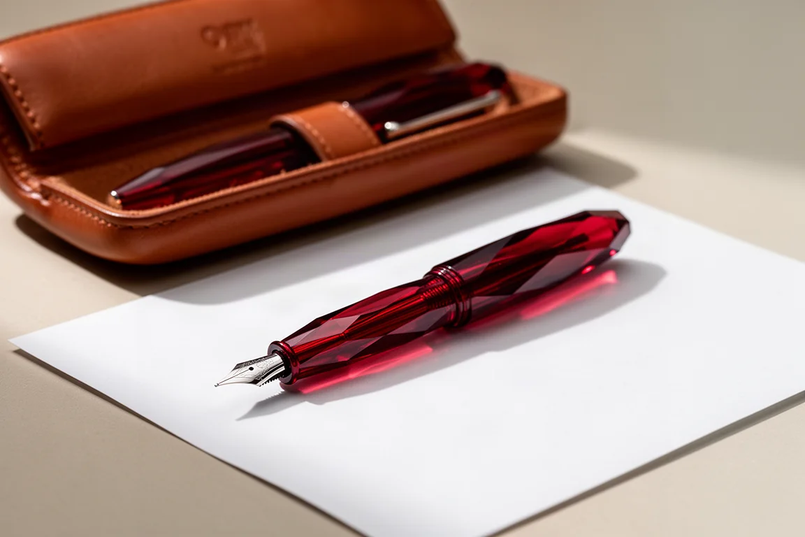 Caneta facetada de acrílico vermelho intenso apoiada em papel branco ao lado de um estojo de couro aberto