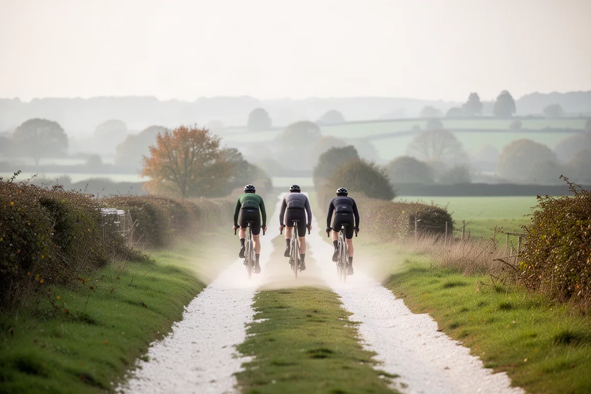 Gravel cyclists riding a chalk track through open farmland in autumn