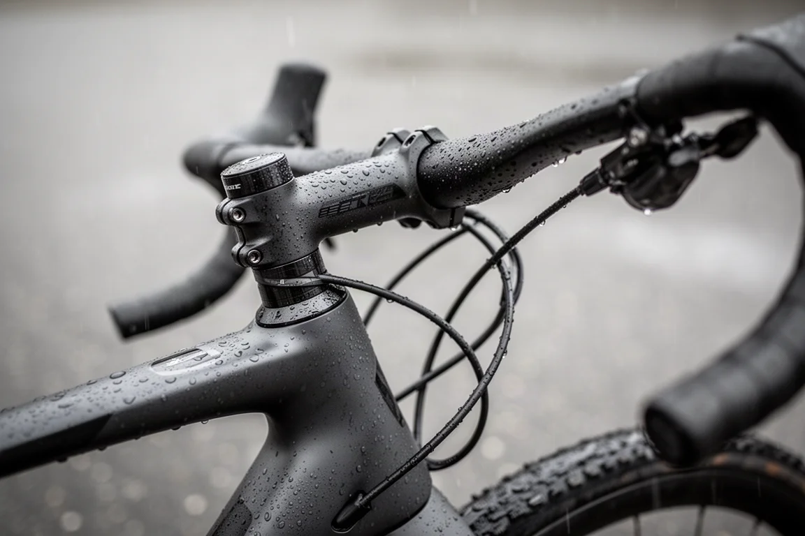 Close-up of a gravel bike cockpit with internal hose routing on wet tarmac