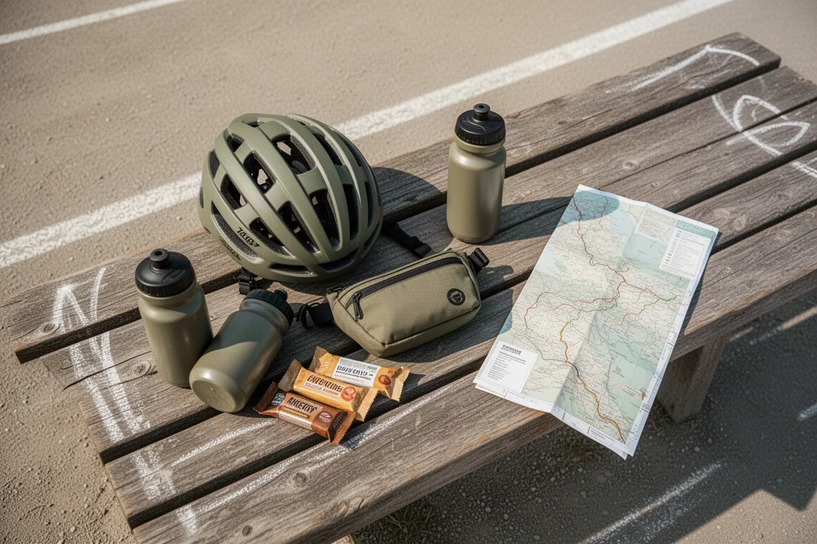 Overhead flat-lay of gravel riding essentials on a weathered wooden bench