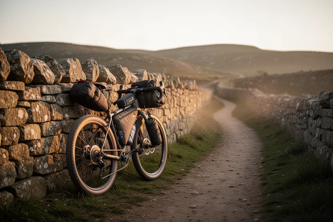 Loaded bikepacking gravel bike leaning against a dry stone wall at golden hour