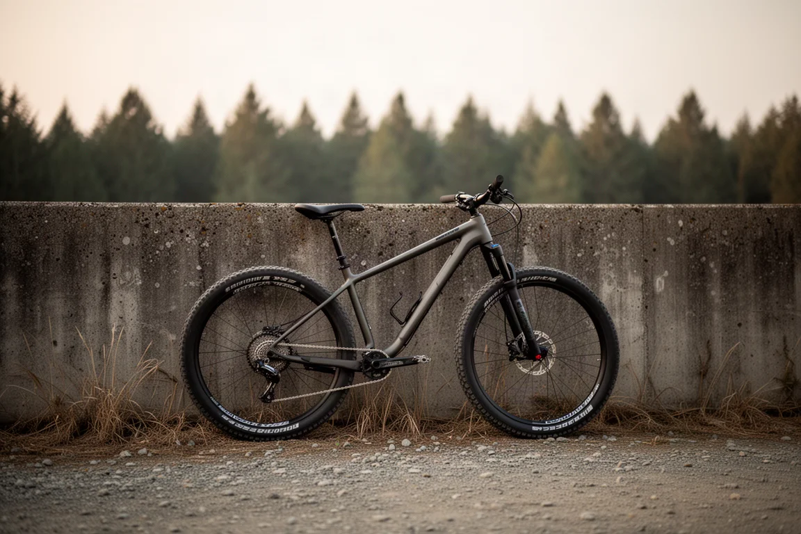Hardtail de mountain bike apoiado contra uma parede de concreto na entrada de uma trilha