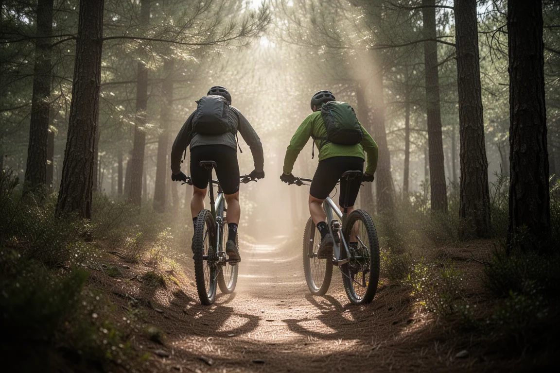 Two riders climbing a narrow woodland trail on hardtail mountain bikes in morning light