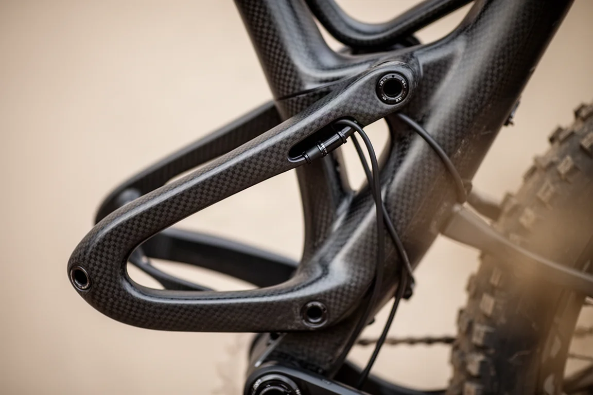 Close-up of a carbon hardtail rear triangle with a looped chainstay