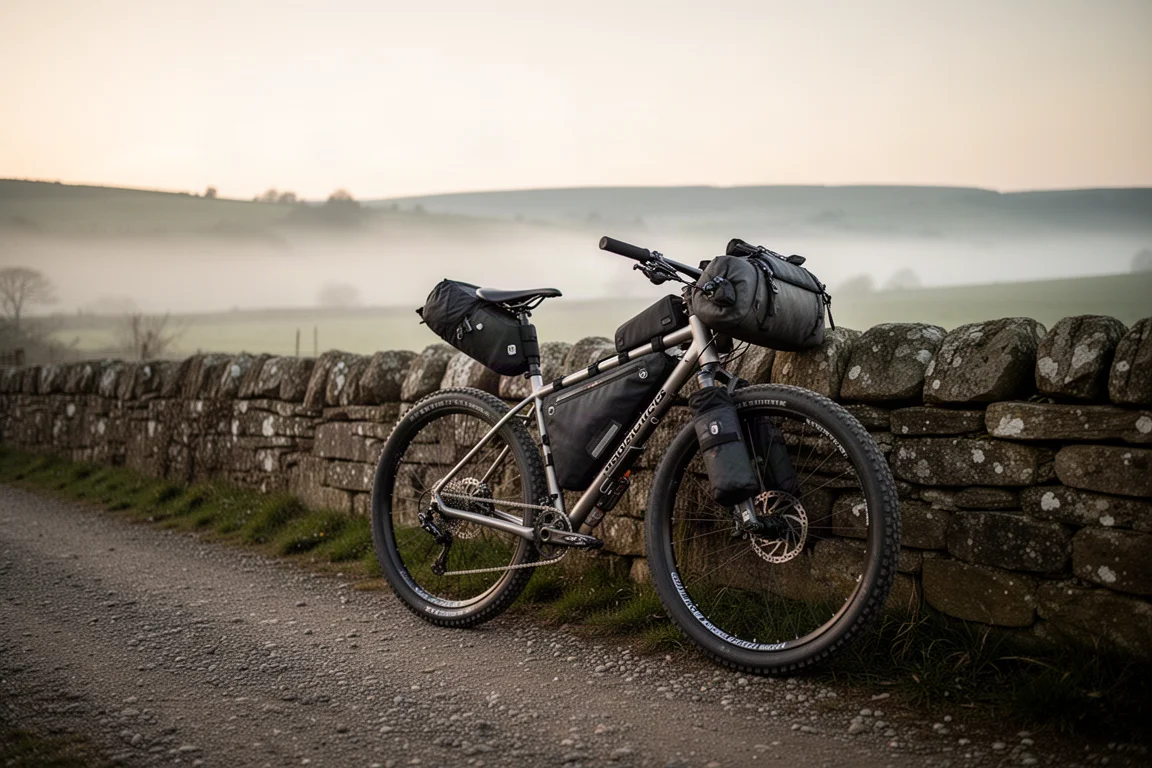 Steel hardtail mountain bike loaded with bikepacking bags beside a gravel track at dawn