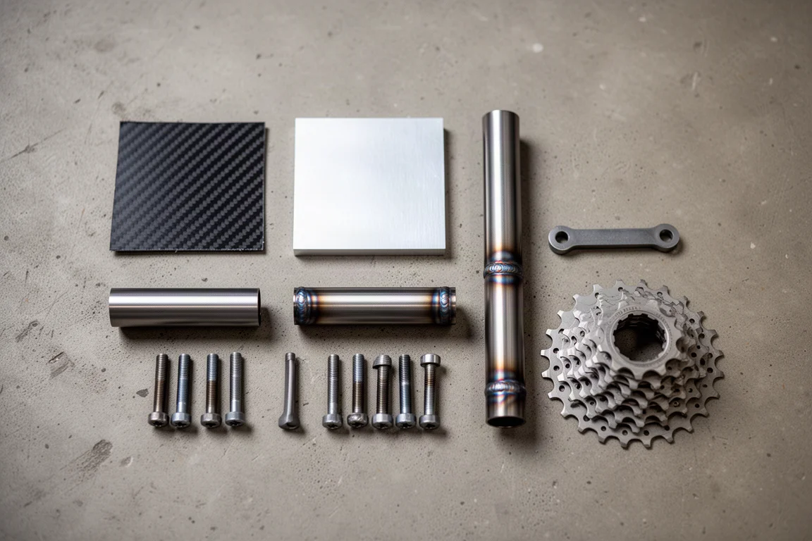 Flat-lay of frame material samples and drivetrain components on a workshop floor