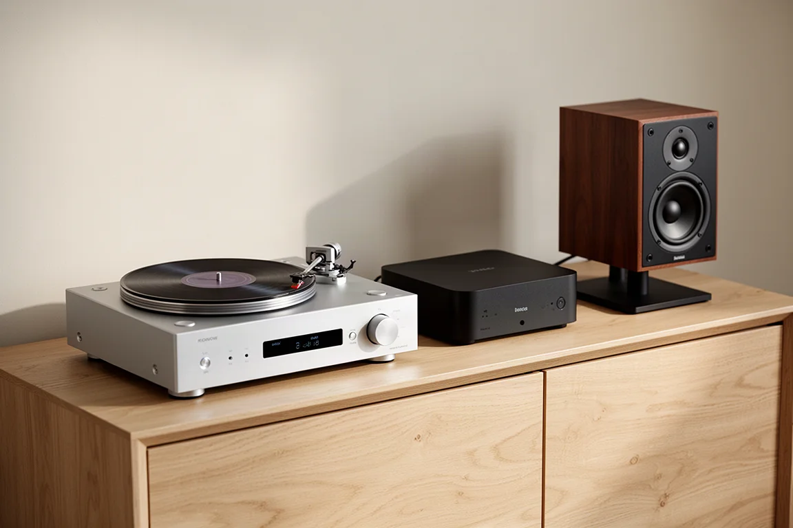 Compact hi-fi system with amplifier, turntable, streamer and bookshelf speakers on an oak sideboard