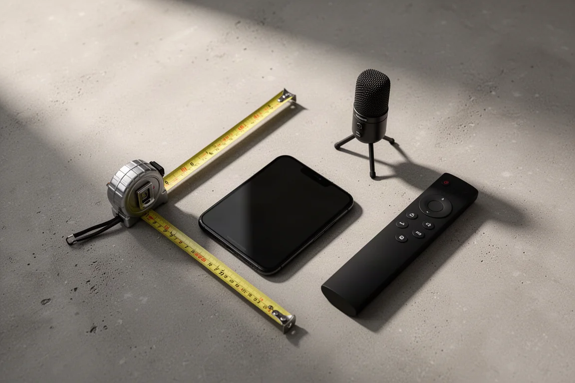 コンクリートの上に並べられたメジャー、スマートフォン、マイク、リモコン