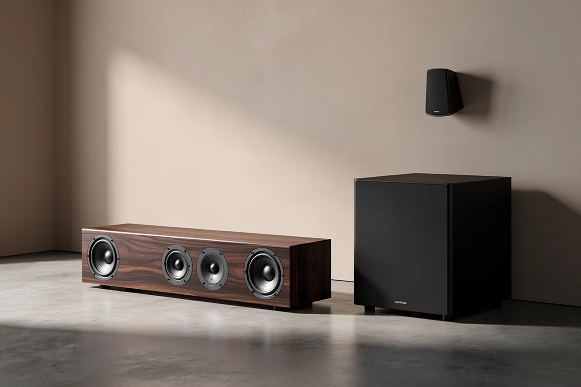 Center channel speaker, subwoofer, and ceiling-mounted height speaker in a living room