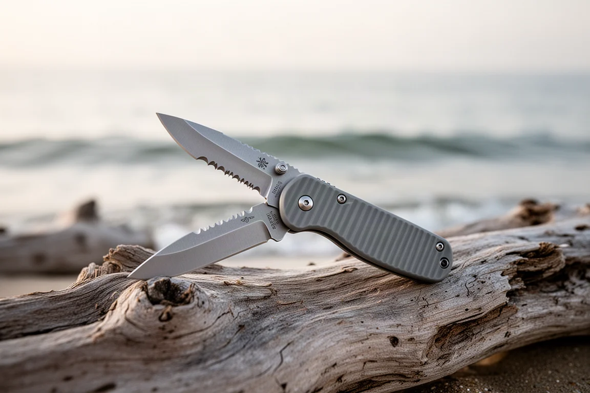 Small serrated pocket knife resting on driftwood beside salt water