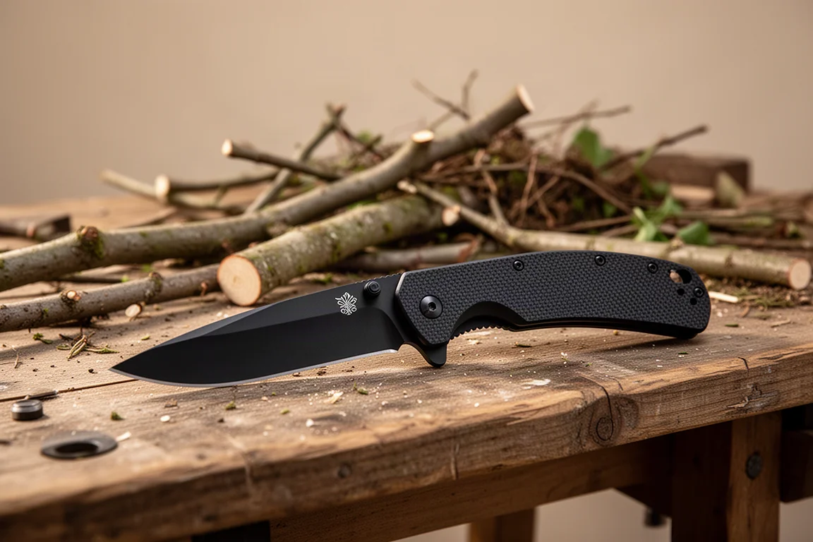 Large folding knife on a wooden workbench in a backyard setting