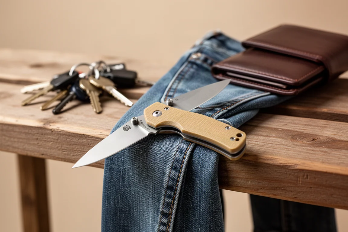 Wood-handled folding knife on a linen cloth near a window