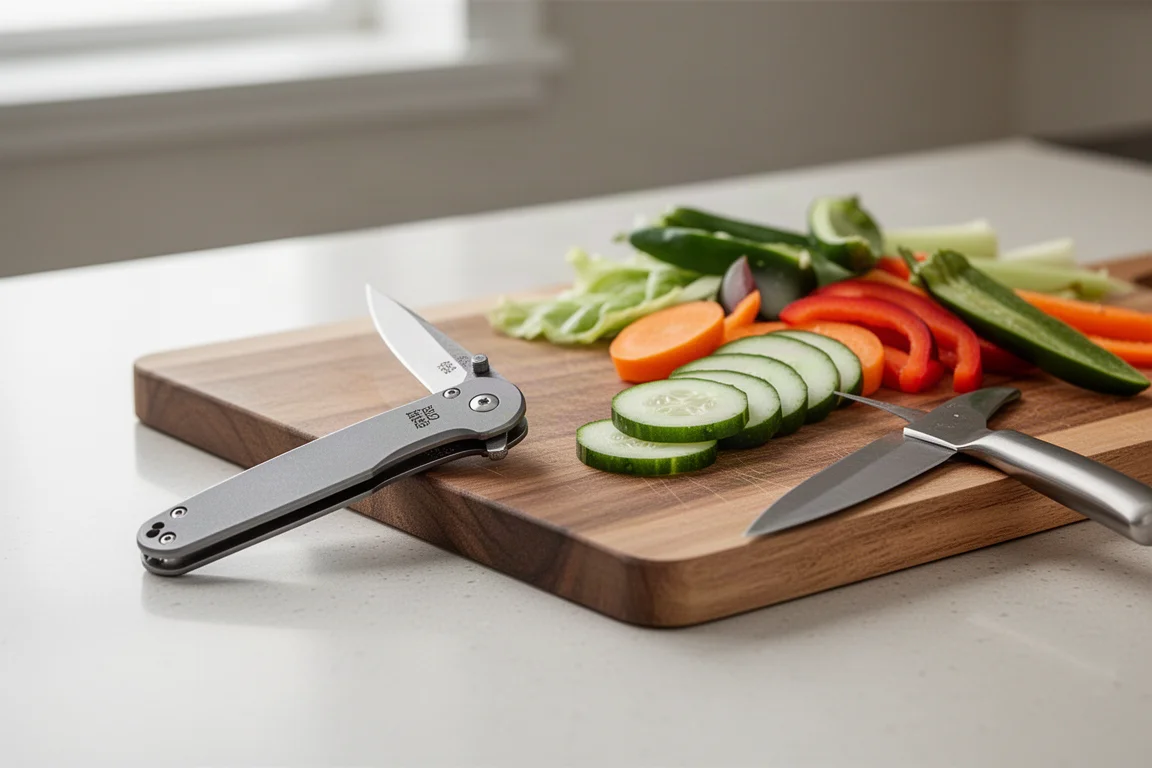 Slim folding knife beside a cutting board with fresh vegetables